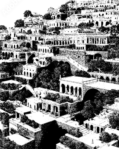 Massive wall made of terraced gardens and stone carvings, vector design