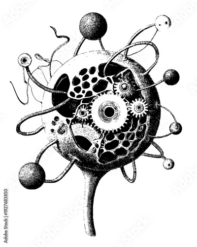 Microscope view of a synthetic cell with tiny mechanical gears, vector graphic
