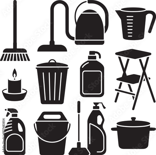 Diverse household and cleaning products icon set with various tools and items