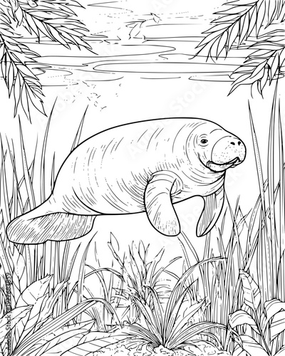 Manatee grazing on seagrass in a clear, warm freshwater spring, vector graphic