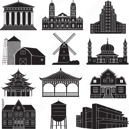 Diverse set of black building icons for architecture design including homes landmarks religious places
