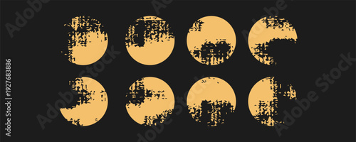 Hand drawn brush sun or moon rough set isolated on black background. Yellow grunge circle stamp set. Vector round ink texture badges.Eps10