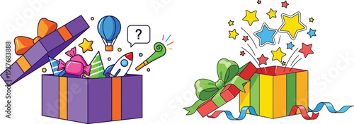 Colorful gift boxes with balloons and confetti