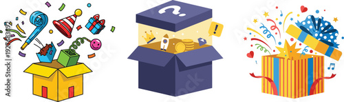 Surprise gift boxes with confetti and balloons