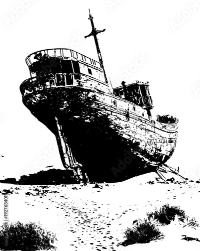 Post-apocalyptic desert with a rusted ship stuck in the sand dunes, vector illustration