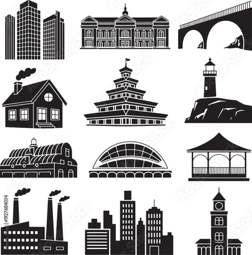 Group of tool silhouettes for repair and construction vector illustrations on transparent background
