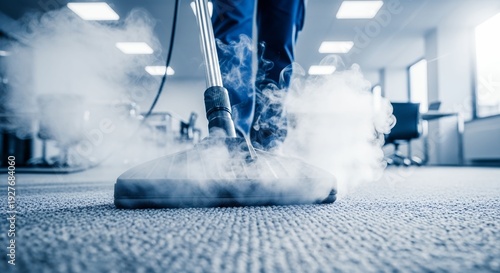 Professional carpet cleaning with steam in an office environment for hygiene