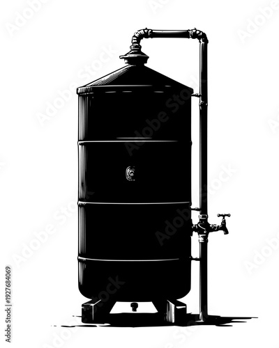 Rainwater harvesting tank with overflow pipe and faucet, vector illustration