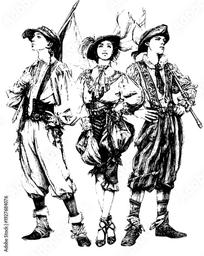 Renaissance festival in Florence with street performers and silk flags, vector graphic