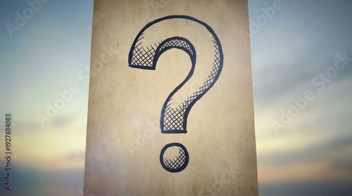 Question mark sketch on brown paper with blurred sky background for concept