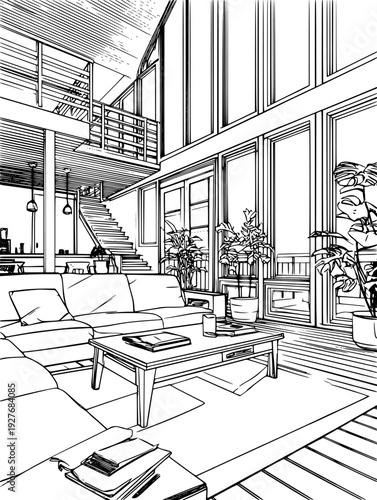 Retro 90s house interior, winter afternoon sunlight, vector illustration