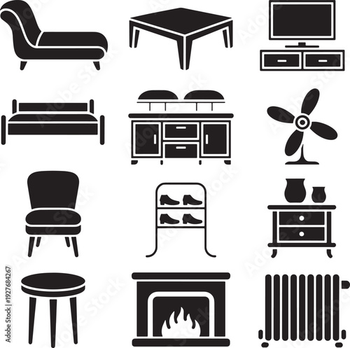 Living room interior furniture icons set with sofa table television cabinet and decor elements