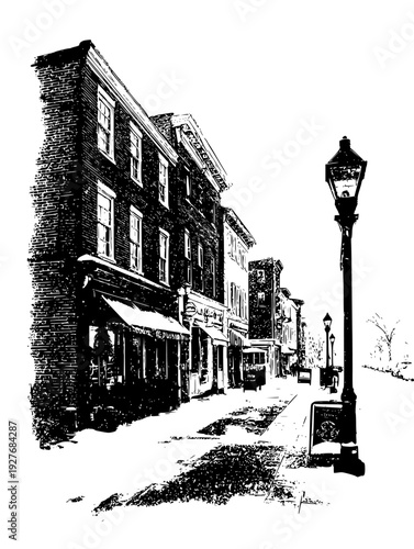 Snowy 90s downtown street scene, brick buildings and vintage storefronts, vector illustration