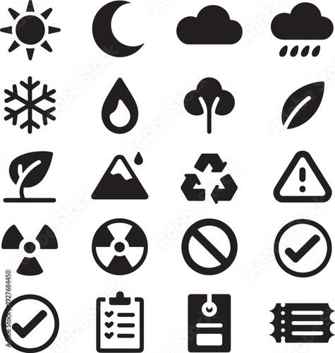 Nature and environment related black icons showing weather ecology recycling warning and checklist signs