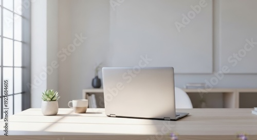 Wallpaper Mural Modern workspace with laptop, plant, and window light, minimalist interior design. Torontodigital.ca