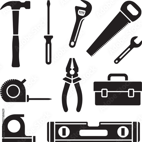 Professional carpentry hand tools collection with hammer saw screwdriver pliers and toolbox set