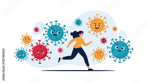 Young woman running in panic while being chased by multiple colorful angry coronavirus cells in an abstract setting.