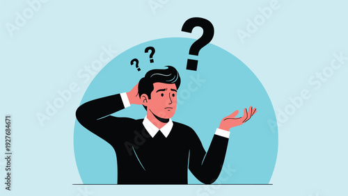 Confused young man scratching his head with multiple black question marks floating above him on a blue background.