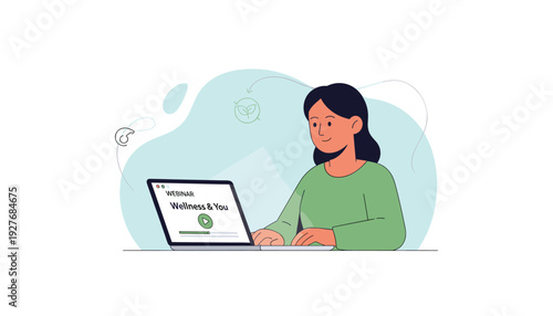 Woman watching wellness webinar on laptop at home