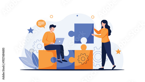 Two professional people collaborating to put together large jigsaw puzzle pieces symbolizing teamwork and solving.