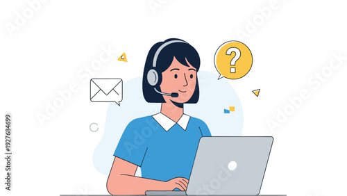 Friendly female customer support representative wearing a headset and working on her laptop to assist online clients.