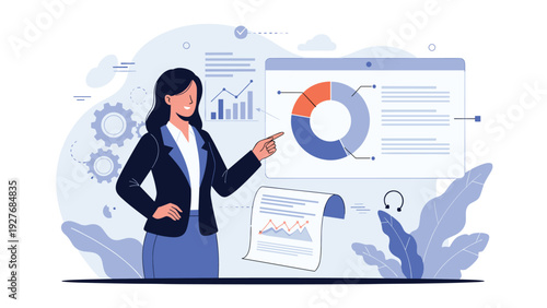 Successful businesswoman presenting corporate data charts and reports while standing in front of a giant monitor.