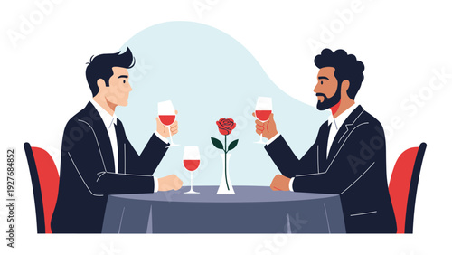 Two professional men in suits enjoying a formal dinner with glasses of red wine and a single rose at a restaurant table.