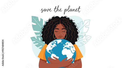 Young woman lovingly hugging the earth globe with tropical leaves in background and save the planet text above.