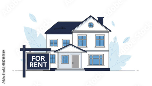 Two story residential suburban house with a large dark blue for rent sign on the front lawn in flat vector style.