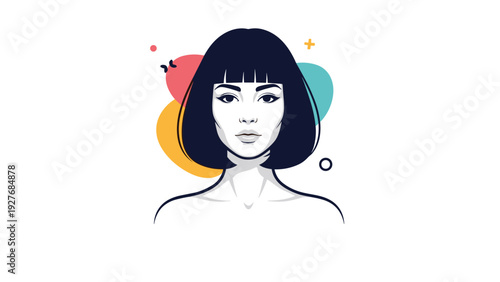 Elegant portrait of a woman with a sleek black bob haircut and bangs against a colorful abstract shape background.