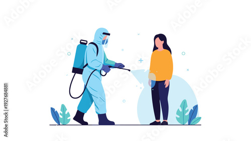 Specialist in blue hazmat suit disinfecting a person with spray machine to prevent viral spread and ensure public safety during pandemic.