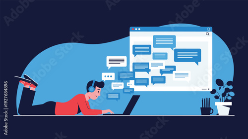 Young man lying on his stomach using a laptop with numerous speech bubbles floating around representing social media and online communication.