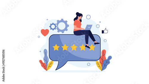 Woman sitting on a large blue speech bubble with five gold stars while using a laptop to provide positive feedback and customer satisfaction.