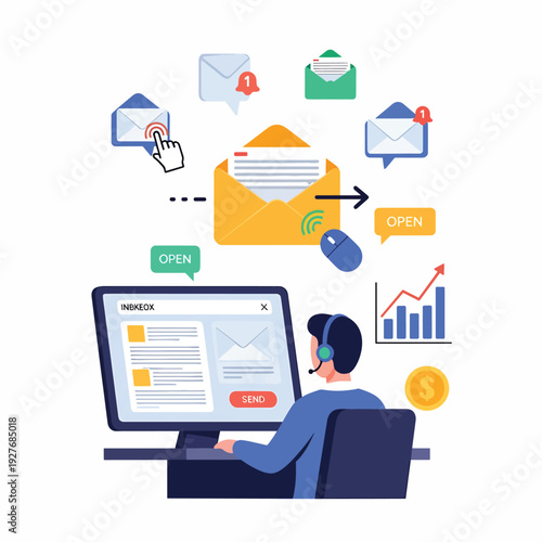 Man wearing headset sitting at computer.