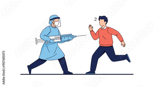 Humorous illustration of a doctor in a protective medical suit chasing a scared man with a giant syringe for vaccination and healthcare.