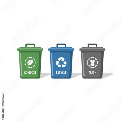 Green, Blue, Gray Recycling Bins for Paper, Recycle, and Trash Segregation