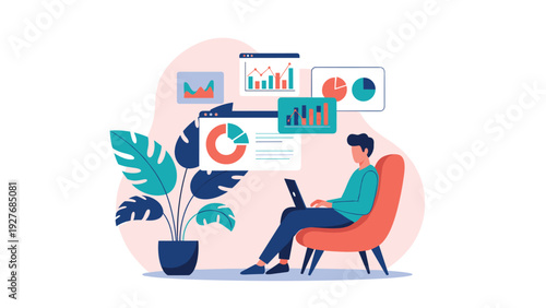 Young man sitting comfortably in a red chair using his laptop with floating data charts and graphs, representing remote work and analytics.