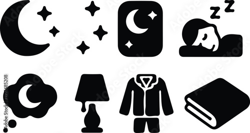 night sleep bedtime moon star lamp man sleeping black icon set vector illustration art