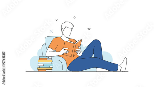 Man relaxing in a comfortable blue armchair while reading an orange book, with a stack of additional books nearby for a learning session.
