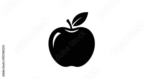 Black Apple Fruit Silhouette with Leaf.
