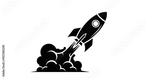 Black and White Rocket Launching into Space.