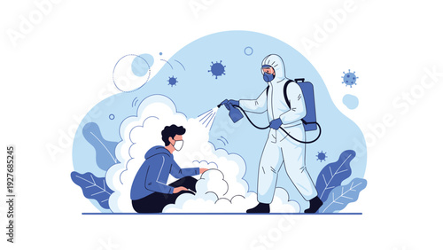 Worker in a white protective suit spraying disinfectant on a person during a pandemic to ensure safety and prevent the spread of infections.