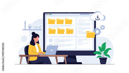 Professional woman sitting at a desk with her laptop in front of a giant monitor displaying file folders and cloud storage management icons.