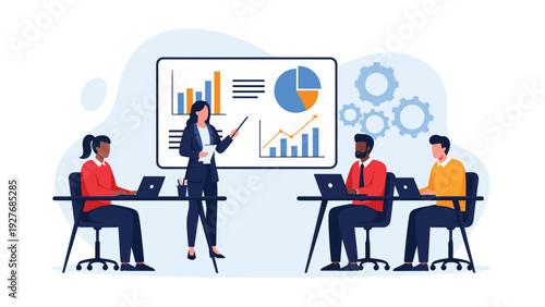 Corporate team attending an informative presentation by a professional woman showing various data charts and growth graphs in an office.