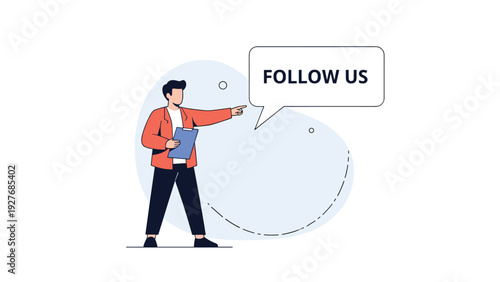 Professional man in an orange jacket holding a clipboard and pointing towards a Follow Us speech bubble for social media brand marketing.