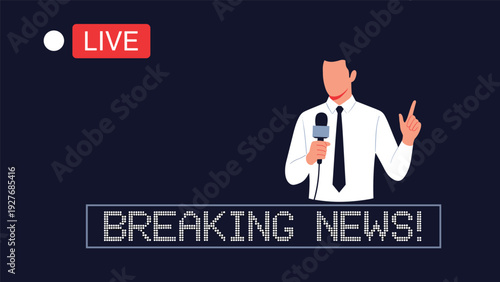 News anchor reporting live on television for a breaking news broadcast with a microphone and digital screen background in a media studio.