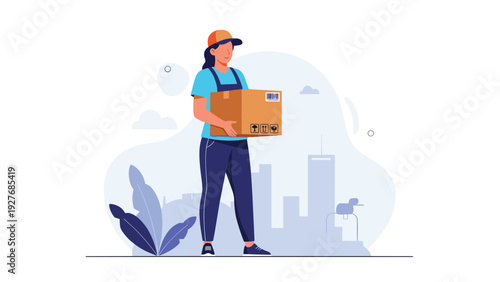 Delivery woman wearing a cap and overalls holding a cardboard box against a stylized city skyline, representing courier and shipping services.