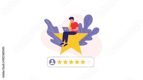 Freelancer sitting on a large yellow star using a laptop while receiving positive feedback and high customer ratings.