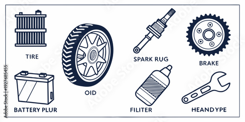 Assorted bicycle parts and tools displayed in a row for repair and maintenance Vector