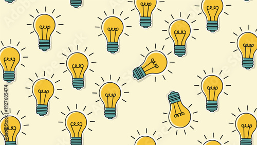 Seamless pattern background featuring bright yellow light bulbs symbolizing creativity, innovation, and new business ideas.